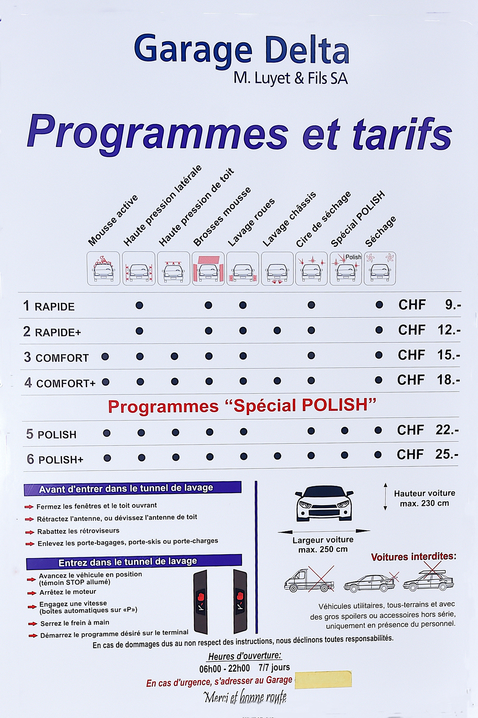 Garage Delta, programmes et tarifs du tunnel de lavage